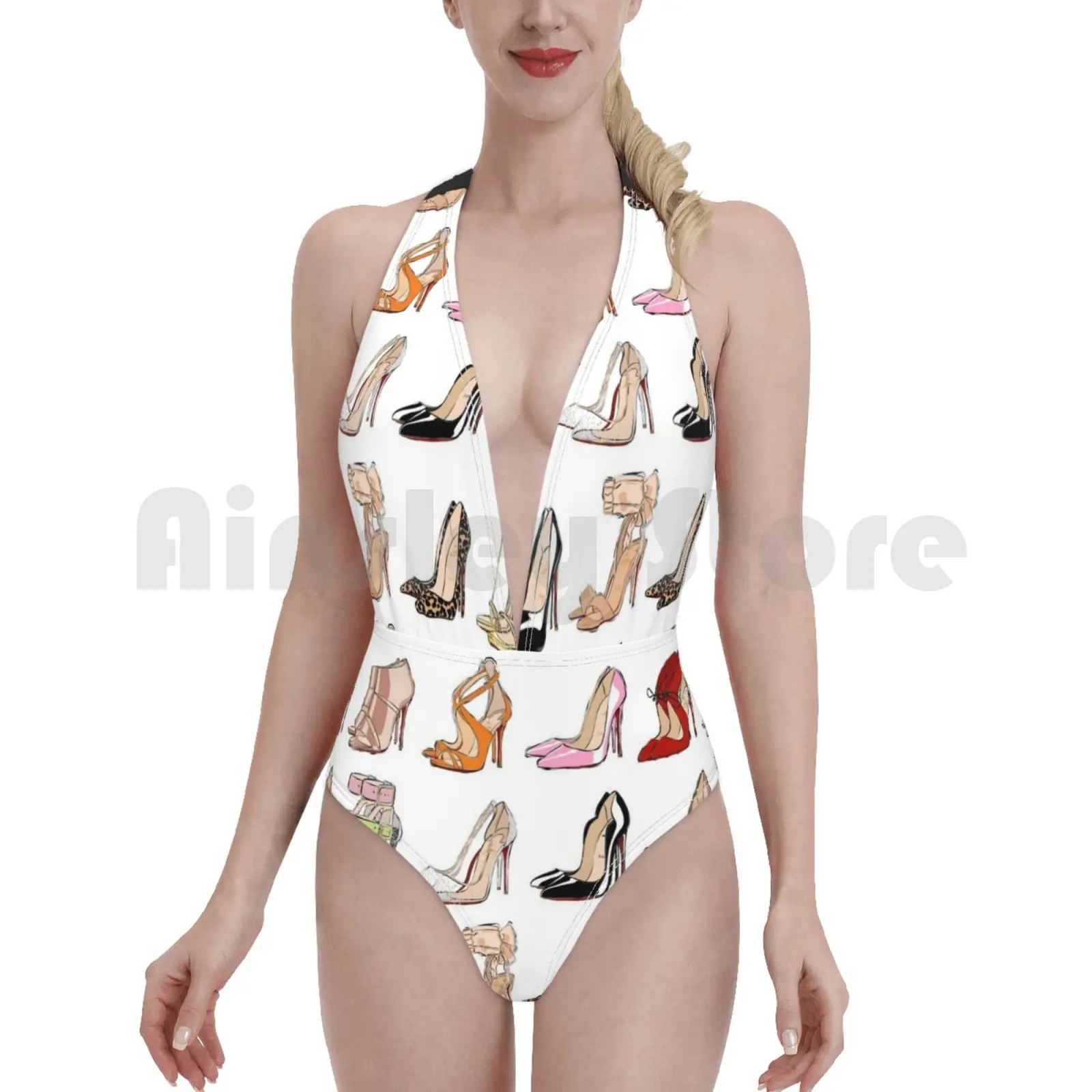 Купальник на каблуках бикини с подкладкой и высокой талией красные туфли лодочки