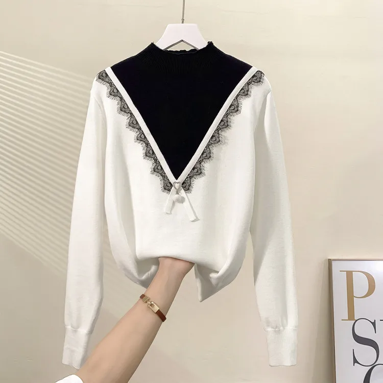 Женский кружевной свитер Осенний пуловер с длинным рукавом в стиле пэчворк |