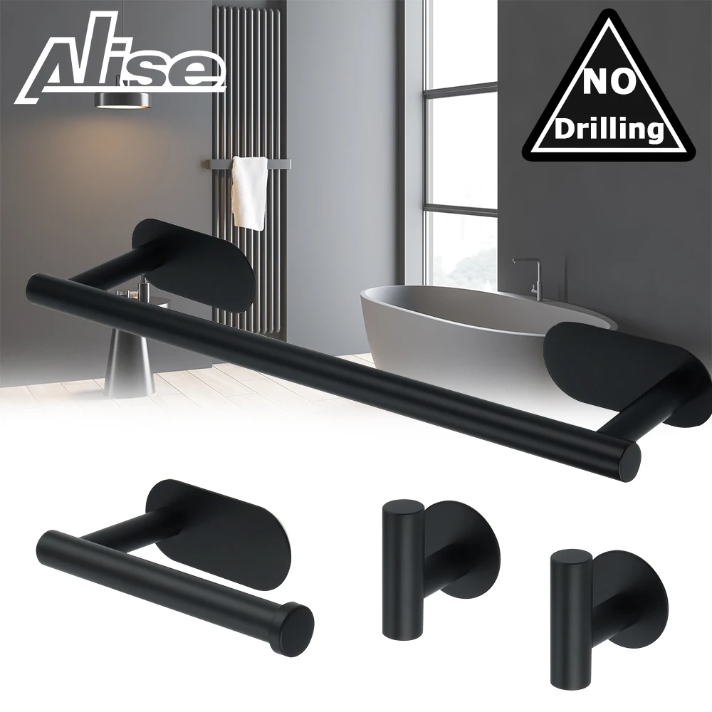 

1Set SUS304 Black Bathroom Hardware Set Towel Bar Rack Toilet Paper Holder Robe Hook Self-Adhesive Bathroom Accessories