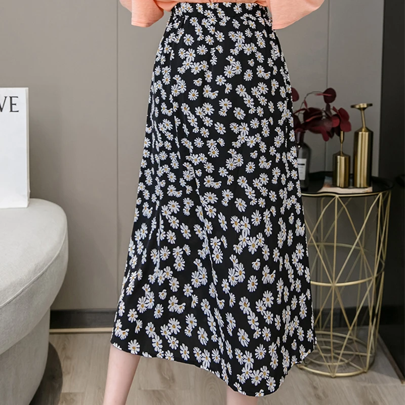 

Aibeautyer New Summer 2021 Casual Floral Print Medium Lady Skirt A Line High Waist Mid-Calf Women Fairy Skirt