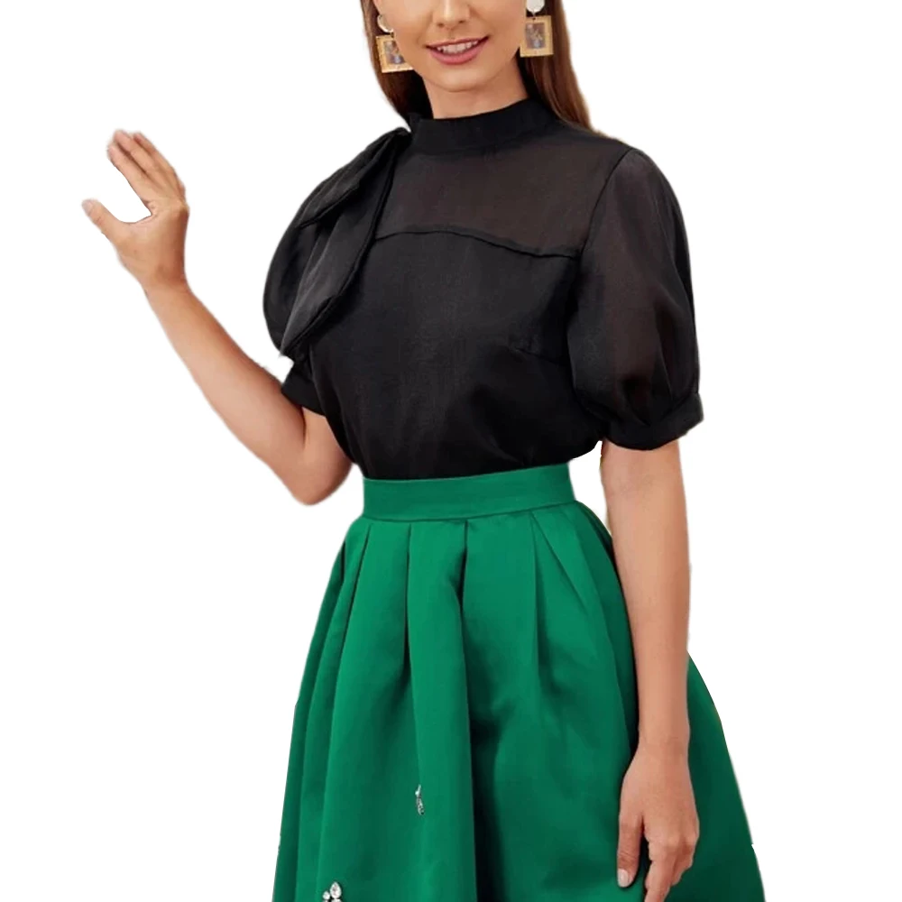 Женская футболка с коротким рукавом и пышными рукавами модная Элегантная черная