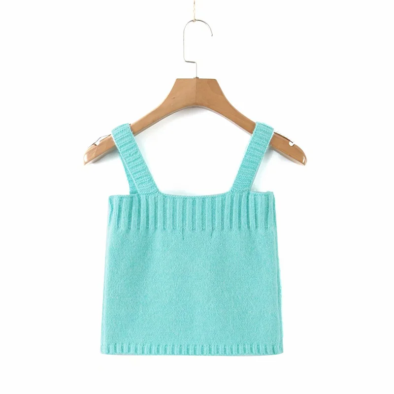 

PUWD Vintage Women Blue Knitted Two Piece Sets 2021 Summer Fashion Ladies Casual Sweaters Setss Girls Chic Knitwear Suits