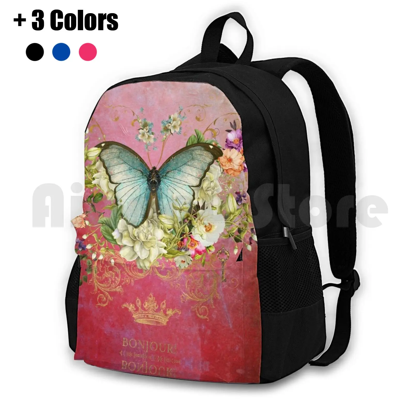 

Blue Raspberry Outdoor Hiking Backpack Waterproof Camping Travel Vintage Ephemera Photoshop Skeleton Key Shabby Chic Raspberry