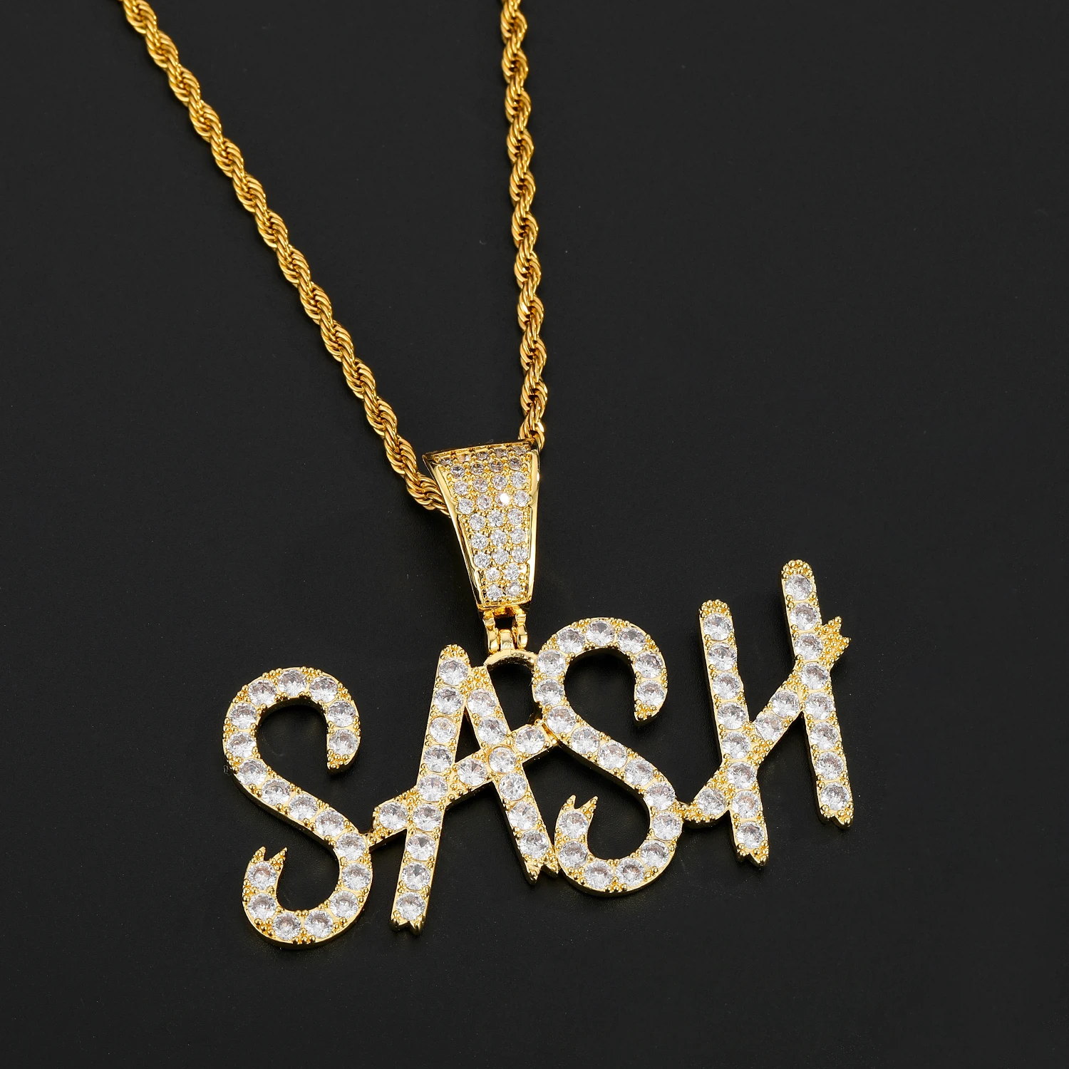 DOREMI New Hiphop Custom Name Cursive Writing Initial Letters Pendant Necklace Words Full Iced Cubic Zirconia Jewelry Chain