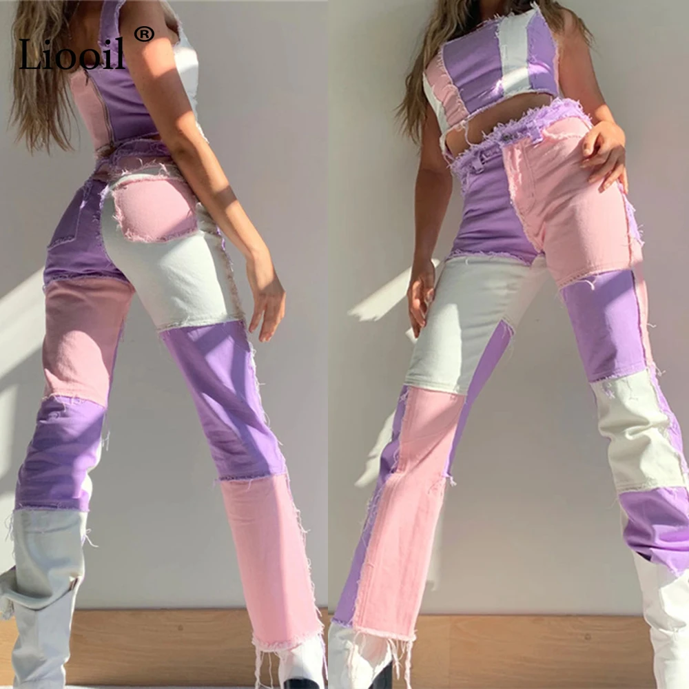 

Liooil Patchwork Skinny Straight Leg Jeans Woman High Waist Denim Trousers Sexy Color Block Vintage Blue Brown Streetwear Pants