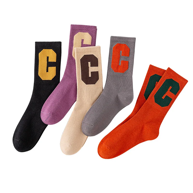 5 Pairs of Autumn Winter Socks Fashion Brand Big C-shaped Tube Personality Hit Color Letters Sports Leisure Cotton Tide Socks
