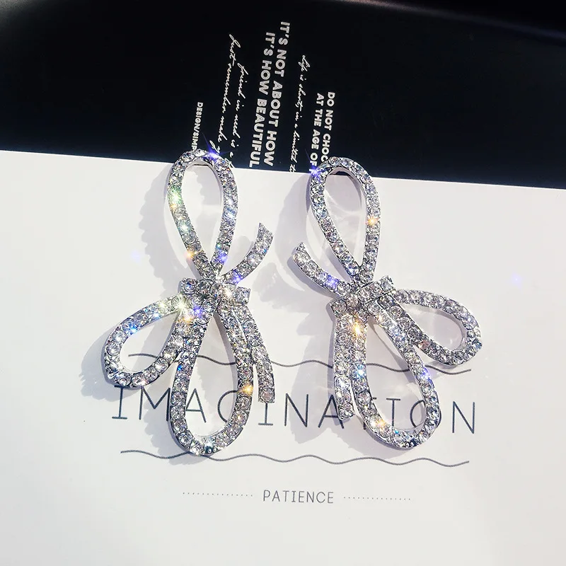 925 silver color needle full zircon big bow earrings female European and American Creativity temperament long | Украшения и