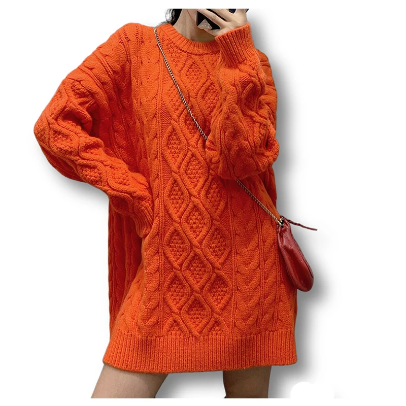 

Vintage Knitted Women Sweater And Pullovers Solid Thicken Warm Loose Casual All Match Female Pulls Tops