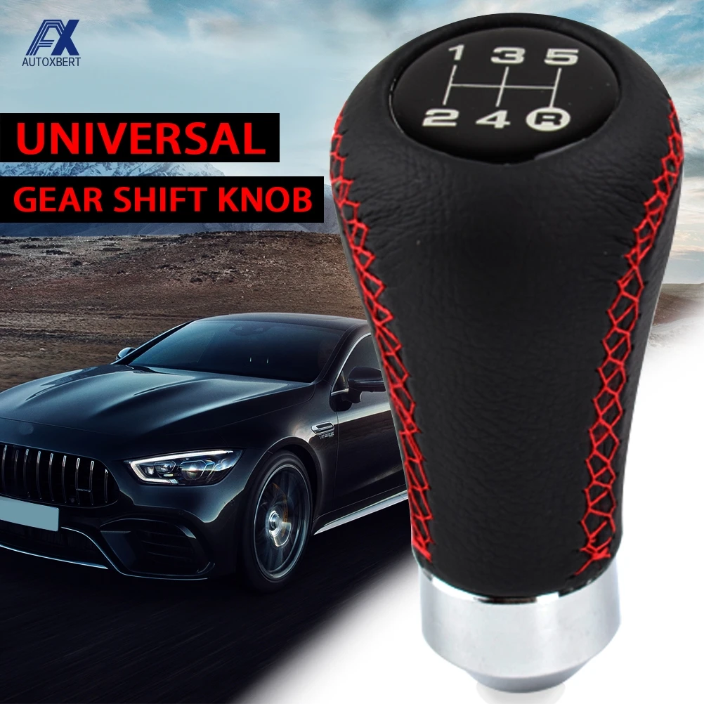 Universal 5 Speed Manual Leather Red Stitch Car Gear Stick Shift Knob Shifter Lever Pen Replacement Gearstick Car Interior Parts