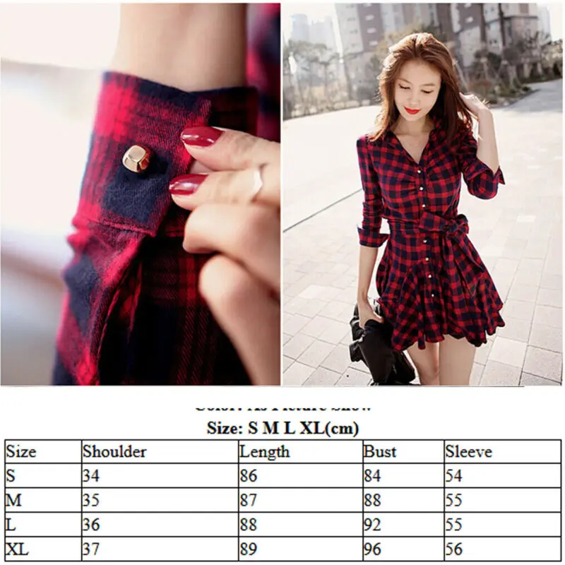Fashion Womens Lady Long Sleeve Ruffles Office Ladies Casual Flannel Plaid Check Button Down Top Layer Shirt Dress | Женская одежда