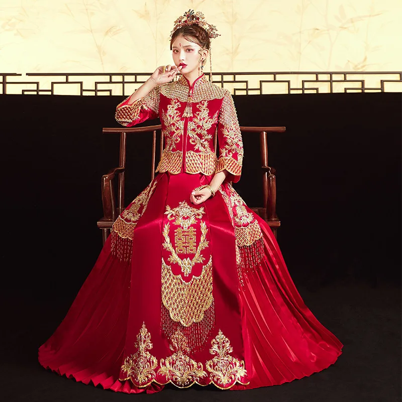 

FZSLCYIYI Oriental Embroidery Qipao Traditional Marriage Cheongsam Suit Ancient Toast Clothing Red Chinese Women Wedding Dress