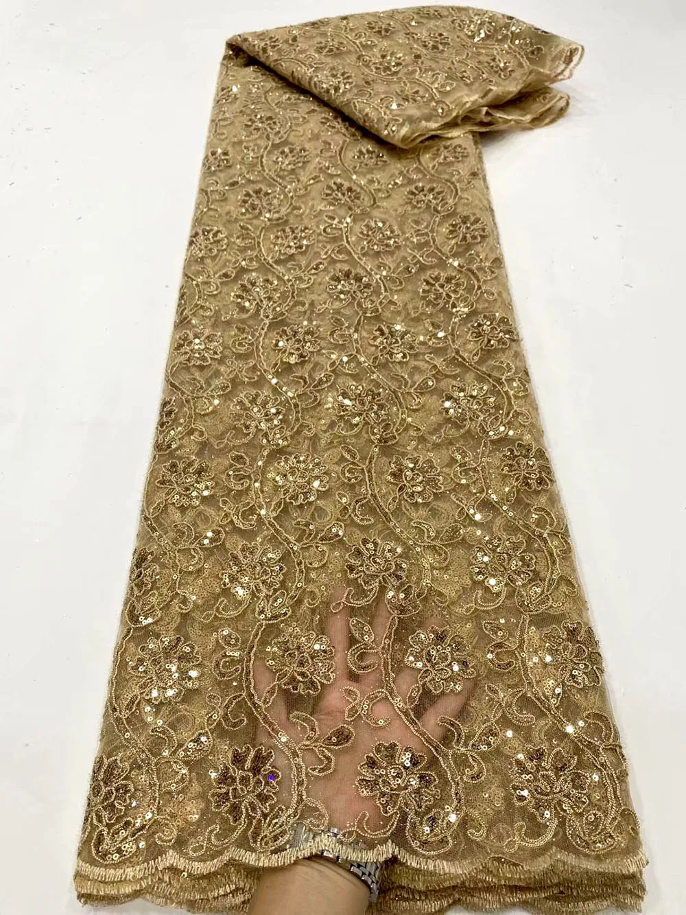 

Gold 2021 High quality fashion african embroidered french net lace fabric/african net lace with sequins 5yds/pcs