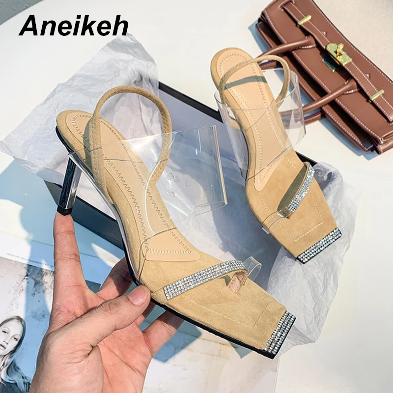 Новинка женские сандалии гладиаторы Aneikeh из ПВХ с кристаллами и узкими ремешками