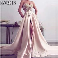 pink evening dresses 2019 high leg split with pockets gold appliques special formal maxi evening gowns prom dress vestido noiva
