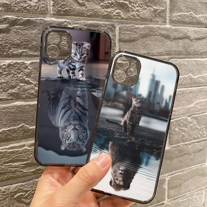 

Cat tiger dog lion reflection Phone Case For iPhone 7 8 11 12 X XS XR MINI Pro Max Plus Retro Black Grey clear transparent