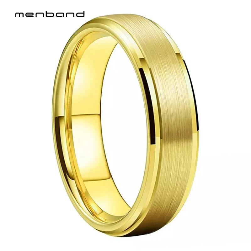 

Women Wedding Band Yellow Gold Tungsten Carbide Ring With Beveled Brushed Finish 6MM Comfort Fit