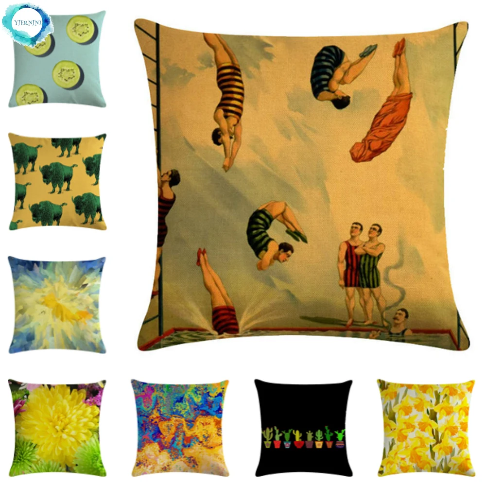 

Мультяшный креативный декоративный чехол для подушки с художественным рисунком бык кактус хлопковая льняная Подушка Чехол для дивана укра...
