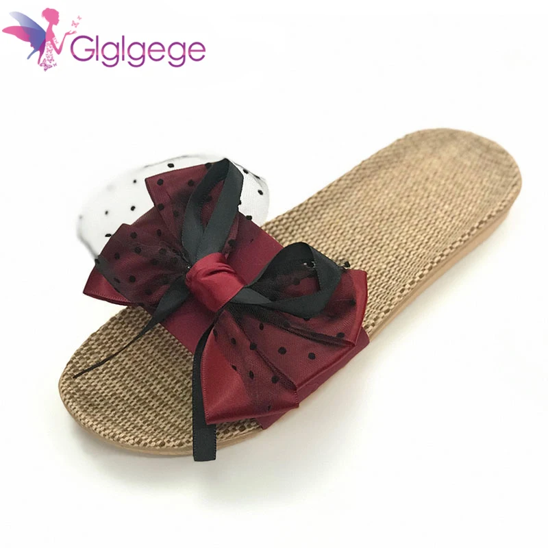 Шлепанцы женские льняные домашние тапки с кружевом для спальни пляжа плоская