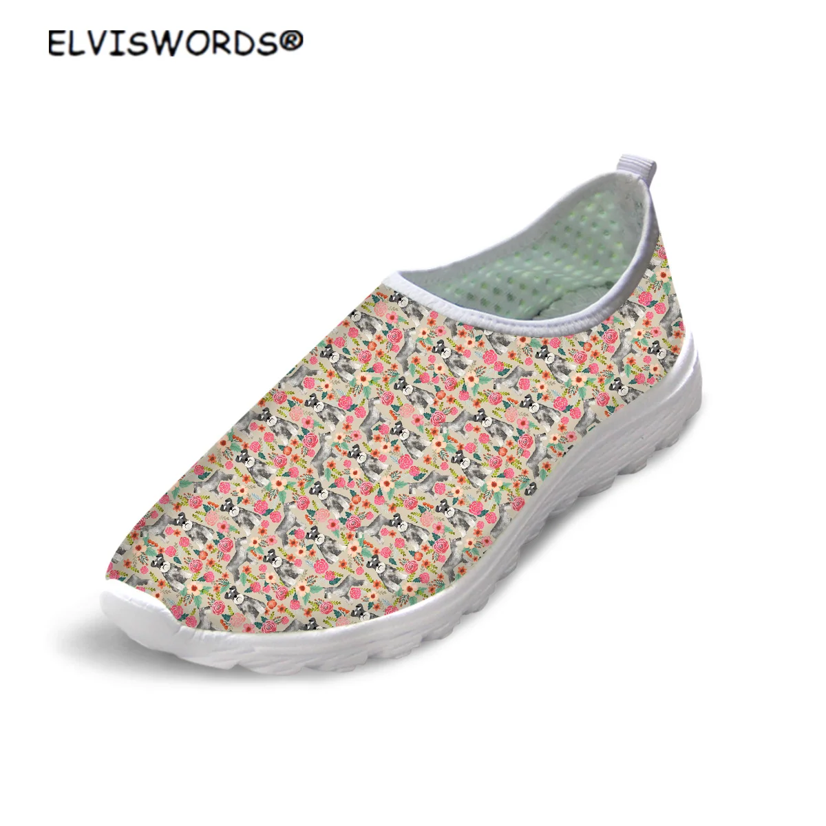 

ELVISWORDS Cute Puppy Schnauzer Pattern Casual Slip on Lazy Shoes for Women Ladies Breathable Air Mesh Sneakers Walking Shoes
