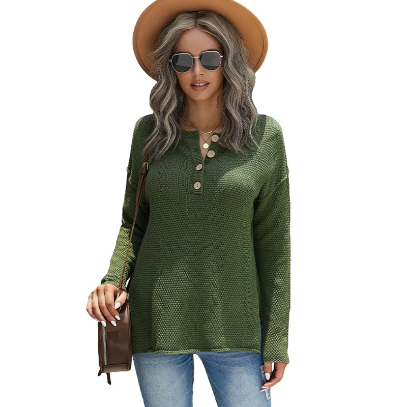 

Женский осенне-зимний Повседневный Свободный пуловер с длинным рукавом и V-образным вырезом, топ с пуговицами, Однотонная рубашка, новинка