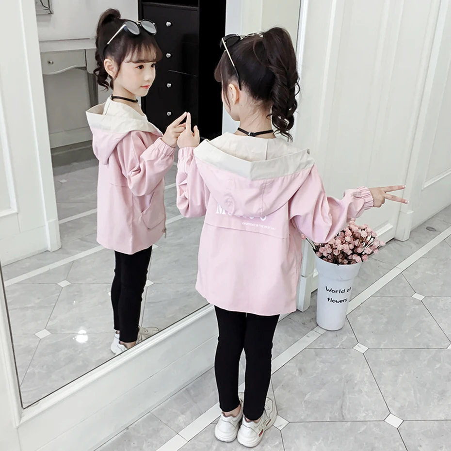 Kids Jacket Patchwork Hooded Windbreaker For Girls Letter Print Jackets Spring Autumn Novelty Outerwear School | Детская одежда и