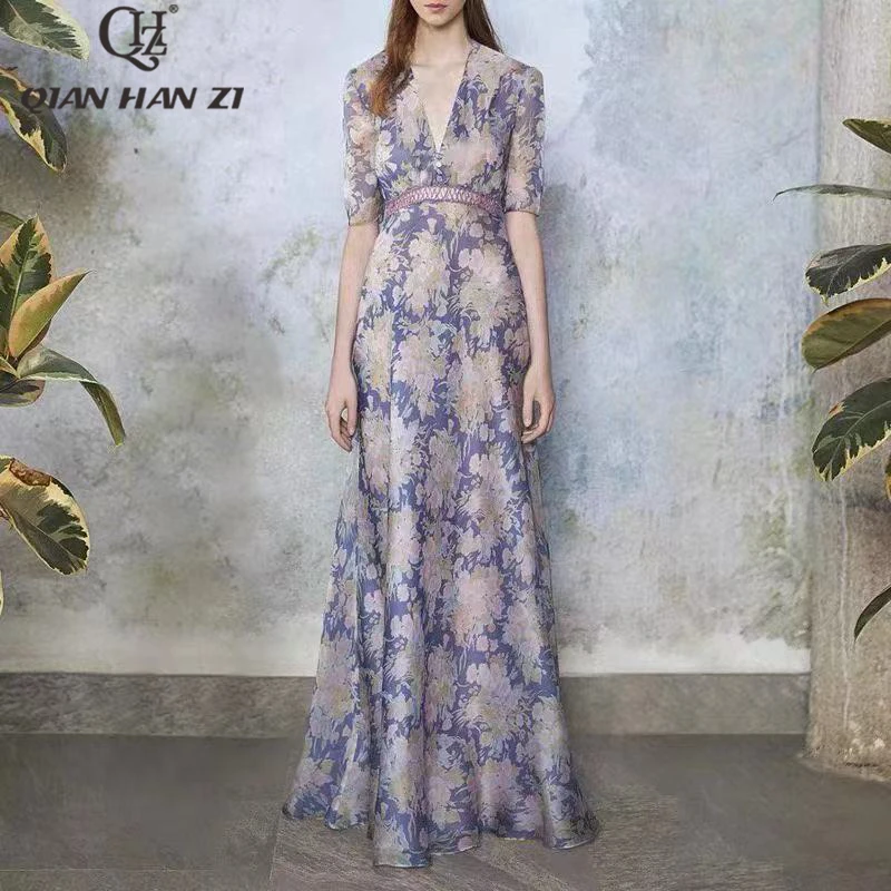 Qian Han Zi designer high-end custom fashion summer maxi dress V-necked vintage Printed slim long dress for new 2021 women