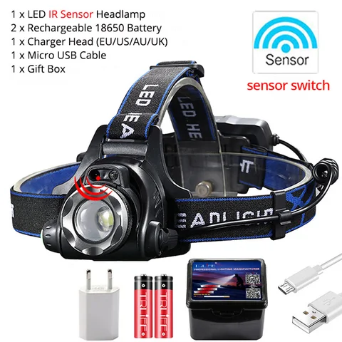8000 люменов ИК-датчик головной светильник USB Перезаряжаемый V6/L2/T6 индукционный светодиодный налобный фонарь рыболовный головной светильник водонепроницаемый фонарь 18650