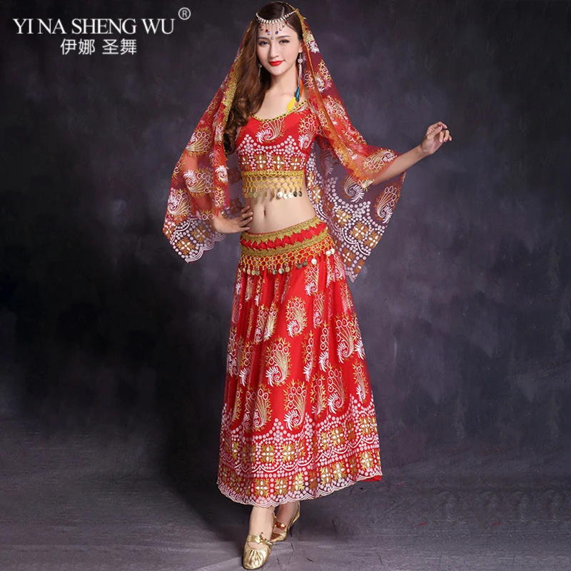 Женский костюм для танца живота выступлений комплект из топа юбки пояса головной