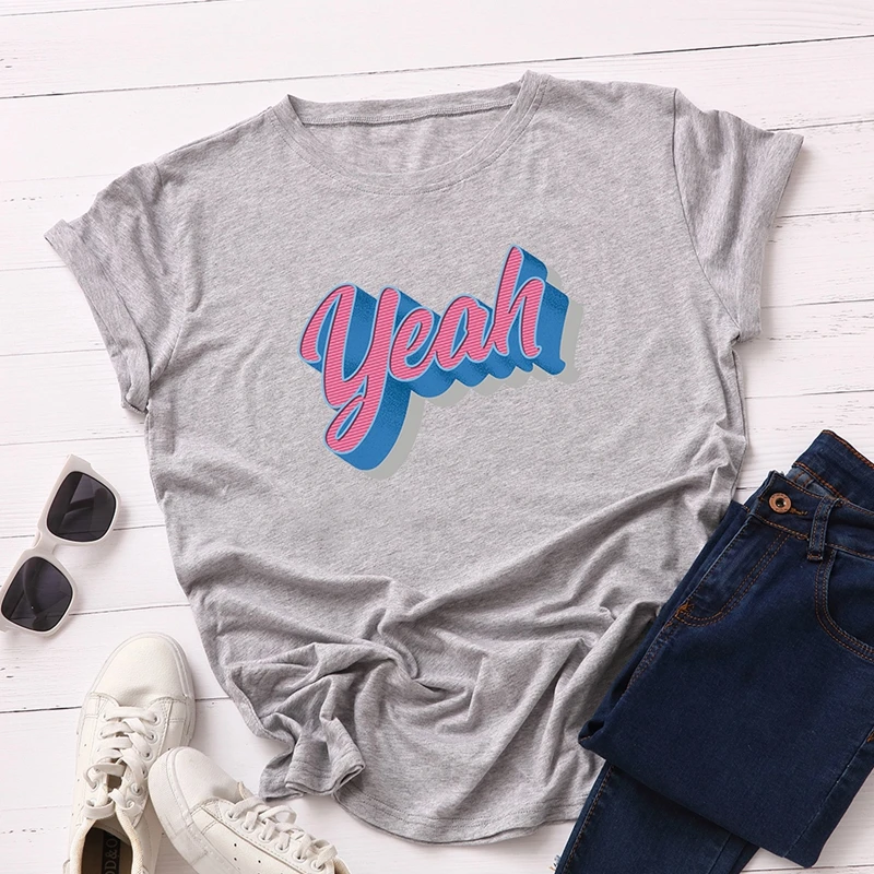 

100% Cotton Plus Size S-5XL Women T-shirts Graphic Tees Female Shirts Summer Tops Letter Yeah Print Funny T Shirt Girl Tee Top