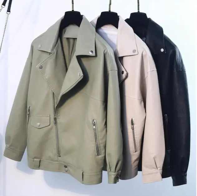 Women Leather Jacket Female Soft Faux Leather Coat Loose Rivet Zipper Overcoat