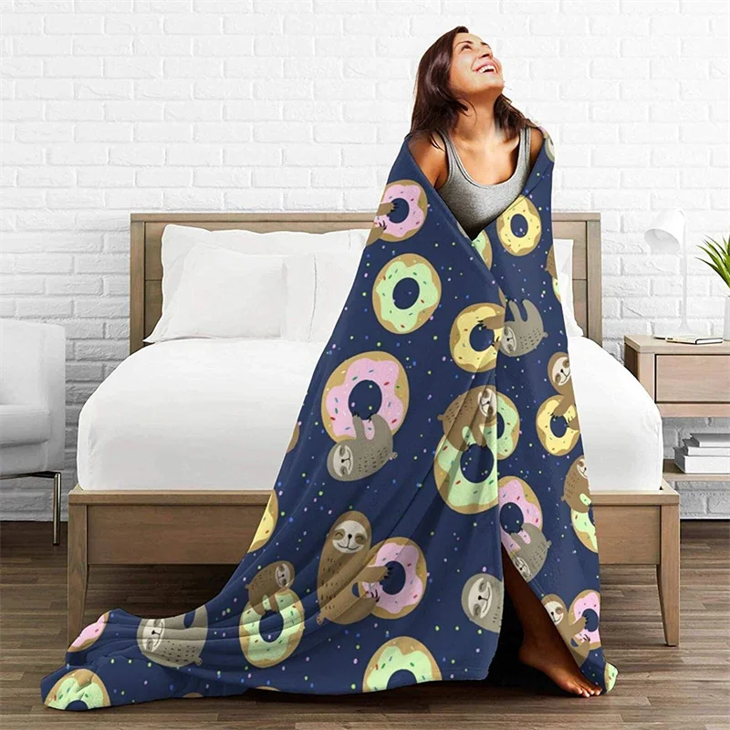 

Cute Sloth With Donuts Soft Plush Gift Flannel Microfiber Fleece Bedspread Sherpa 3D-Printed Blanket Couch Bedroom Decorative
