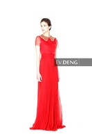 sexy crystal beading crumple vestido de festa longo short sleeve prom dresses 2015 red chiffon long evening dress robe de soiree