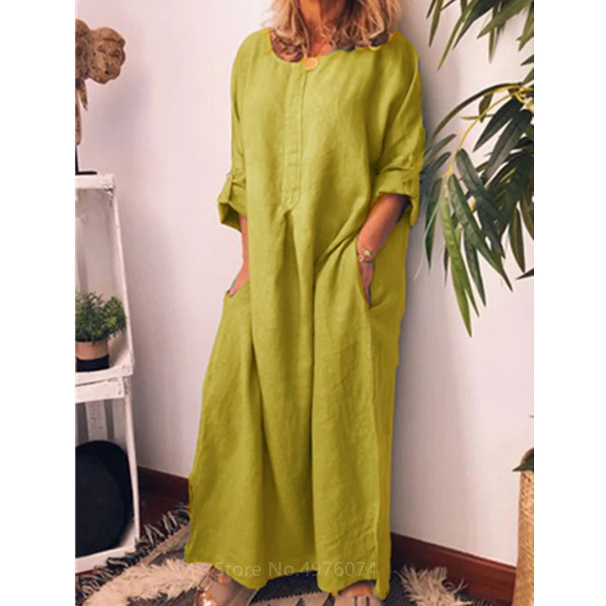 Платье абайя женское хлопково льняное однотонное до щиколотки модная