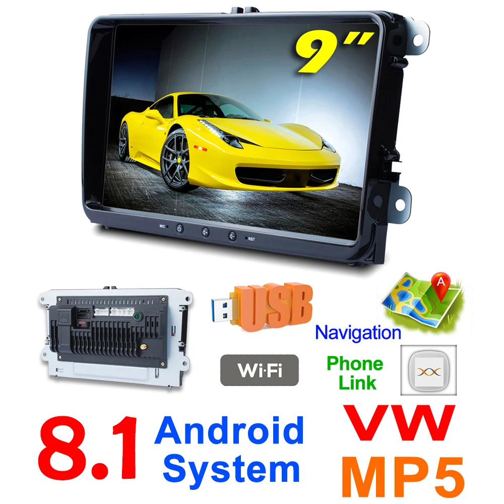2 DIN 9-дюймовый четырехъядерный Android 8 1 HD цифровой MP5 GPS Navi плеер подходит для Volkswagen VW