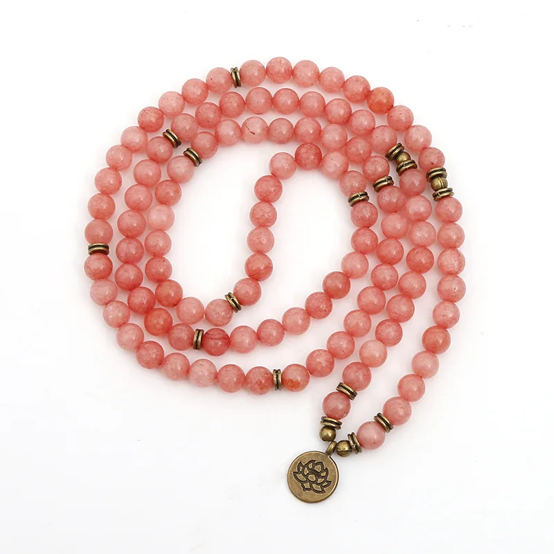 

Watermelon Red Natural Stone Strand Charm Bracelet Necklace for Women 108 Prayer Mala Chakra Yoga Buddha Bracelet
