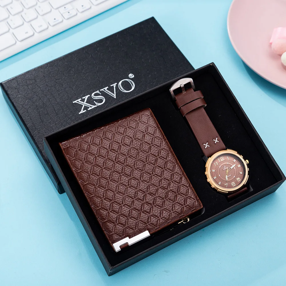 

XSVO Men Boutique Gift Set Watches Wallet + Cool Big Dial Quartz Watch Fashion Casual Business Luxury Male Wristwatches