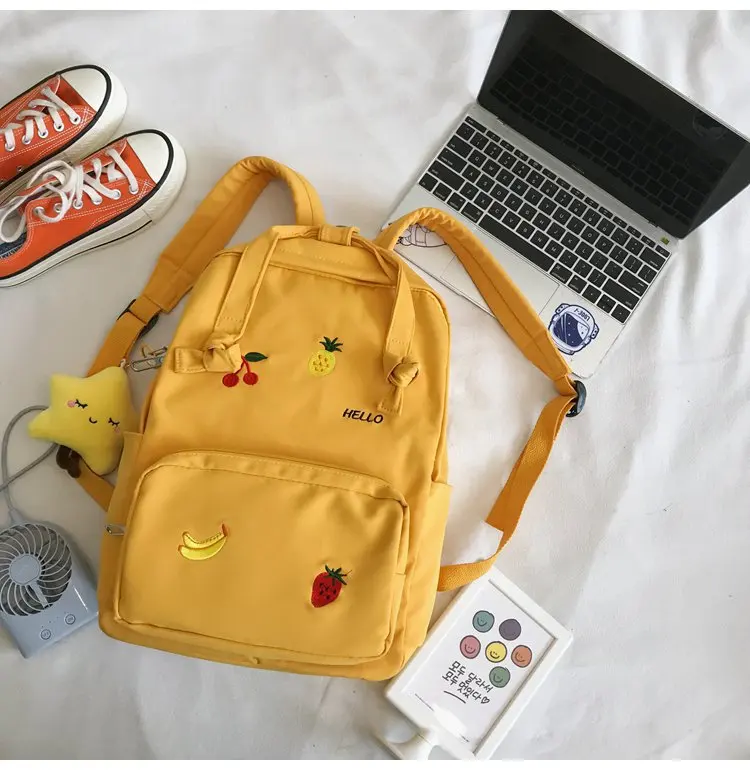 

Lovely sweet creative embroidery fruit decorative girl backpack college style versatile solid color student schoolbag