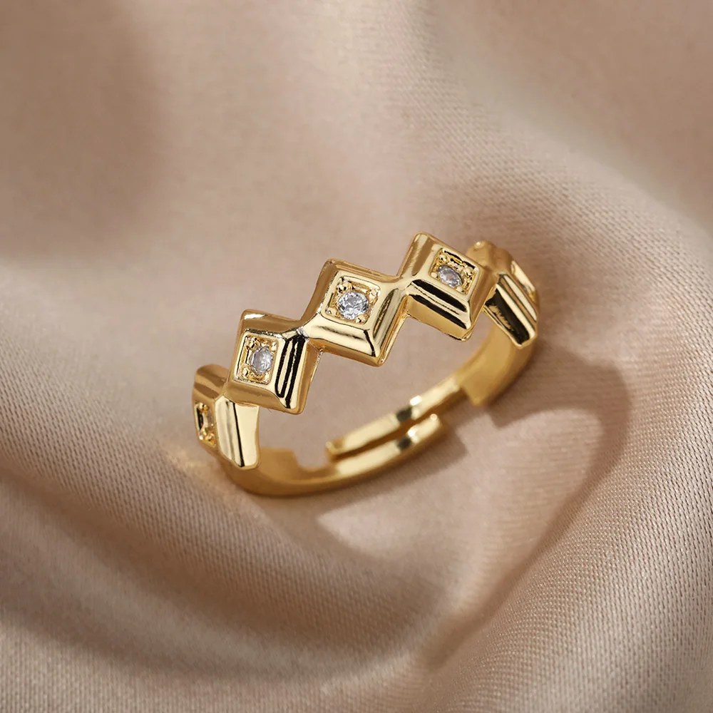 

Splicing Diamond Geometric Open Rings For Women Stainless Steel Gold Adjustable Zircon Finger Rings Jewlery Unique Gift Anillo