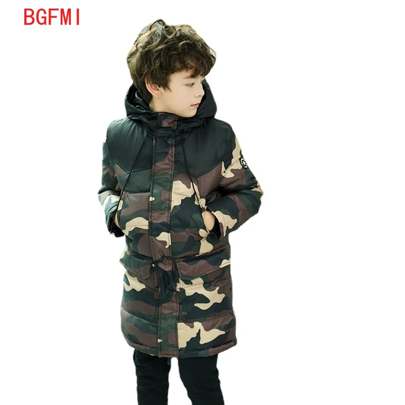 

Boys Winter Camouflage Coat Kids Warm Long Hooded Jacket Camouflage Print Warm Jacket Fashion Thick Teenager Windproof Outerwear