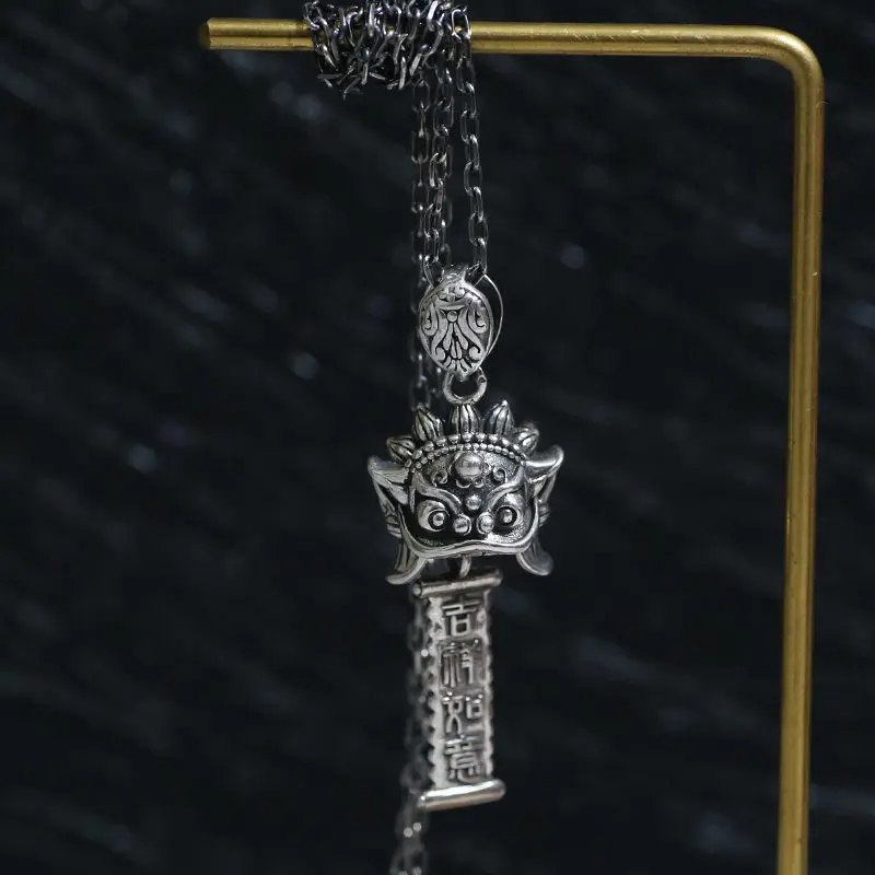 Ожерелье из стерлингового серебра 925 "Wake Up Lion" с китайским подвеской в стиле ретро "Танец зверей" для привлечения удачи и благополучия.