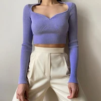 bola 2021 new fashionable autumn style long sleeved slim blouse female feeling peach heart v neck woolen sweater