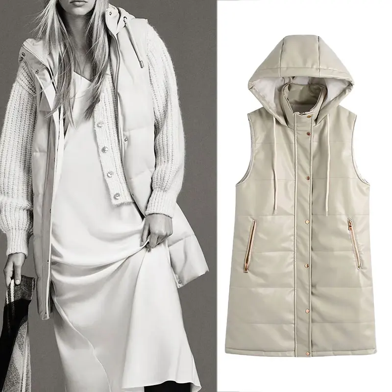 

Женский жилет с капюшоном Za, осенне-зимний жилет средней длины из искусственной кожи, модная женская куртка без рукавов, 2021