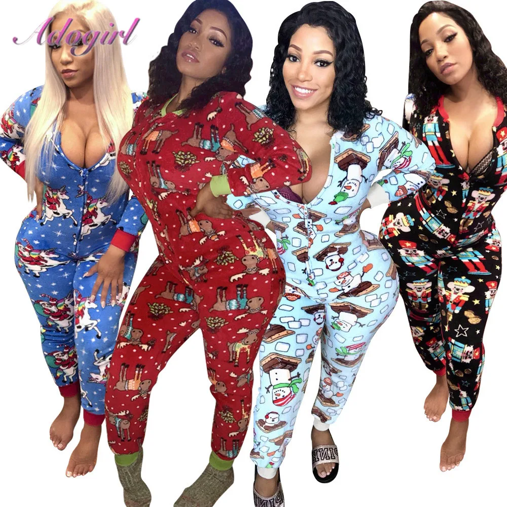 

Casual Cartoons Print Long Sleeve Deep V Neck Skinny Christmas Jumpsuit Women Night Party Outfit Rompers Warm Pajamas Jumpsuit