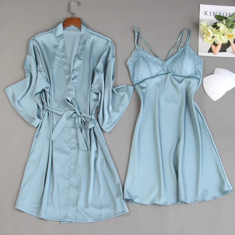 

2019 Women Robe & Gown Sets Sexy High Quality Lace Pijama Sleeveless Ladies Nightwear Bathrobe+Night Dress With Chest Pads