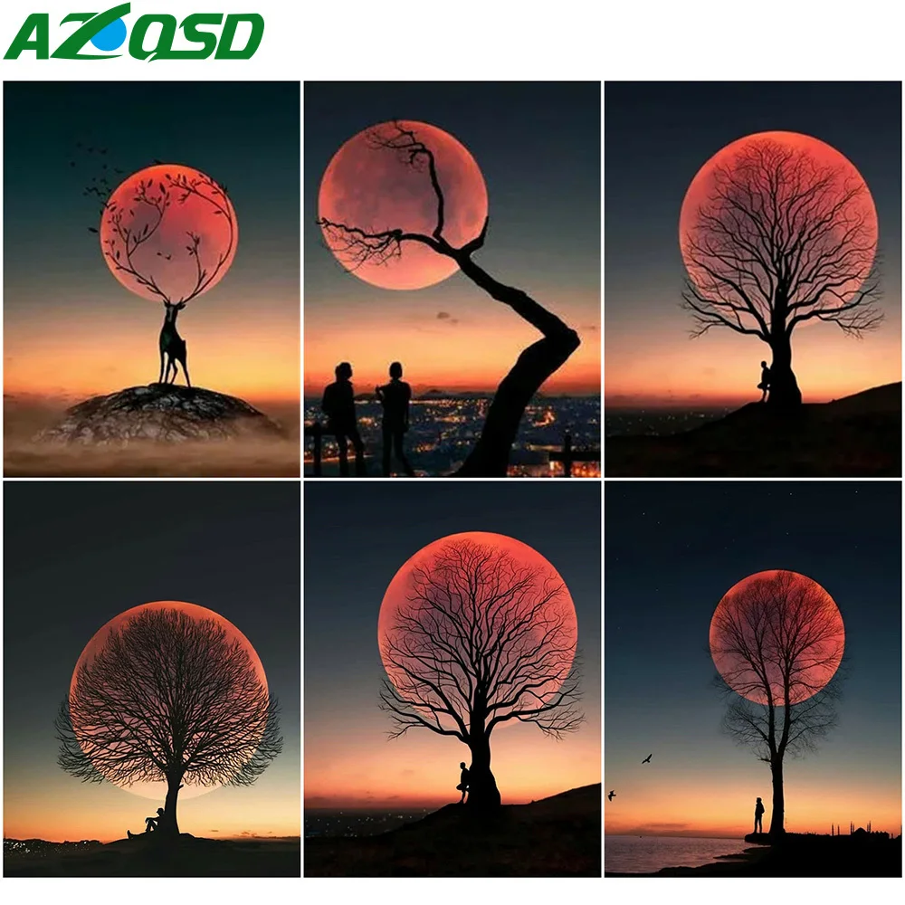 

AZQSD Full Square Diamond Painting Tree Moon Picture Of Rhinestones Diamond Embroidery Landscape Mosaic Home Decoration