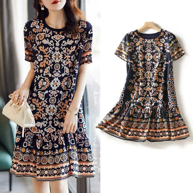 

2021 New Fashion Elegant Women's Print Dress Female Casual Style Summer O-Neck Dresses