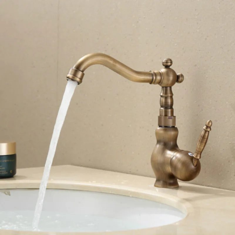 

Basin faucet hot and cold single hole brass antique European-style faucet heightened countertop basin faucet retro