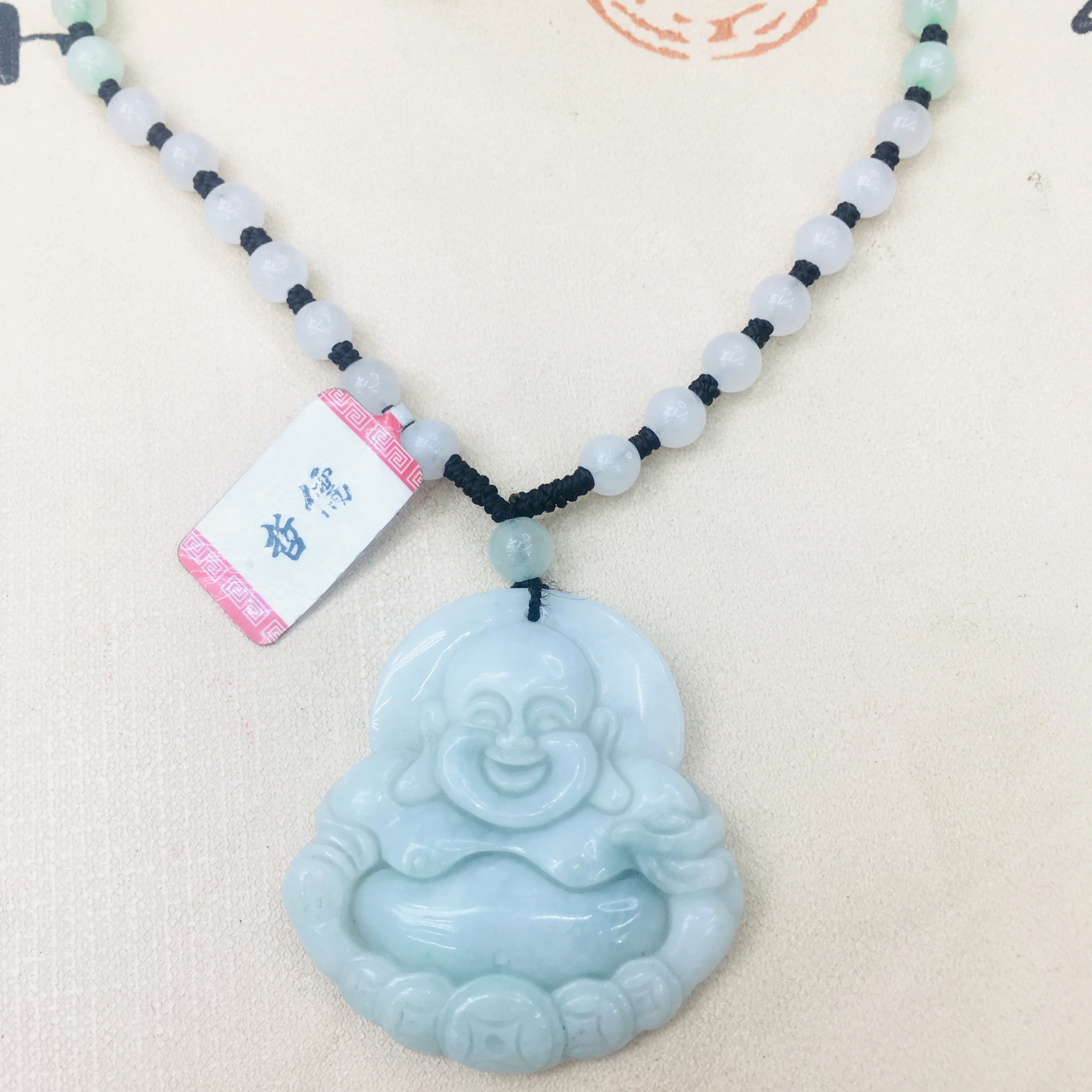 

Natural Burmese Emerald Jade Carving Good Fortune Buddha Pendant with Tri-Color Bead Necklace Men and Women Sweater Chain