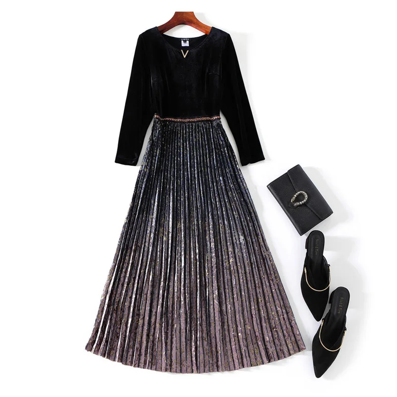 

Clothing Plus Size 2021 Autumn Vintage Dress XXXXL Women Sequined Beading Patchwork Long Sleeve Mid-Calf Length Velvet Dress