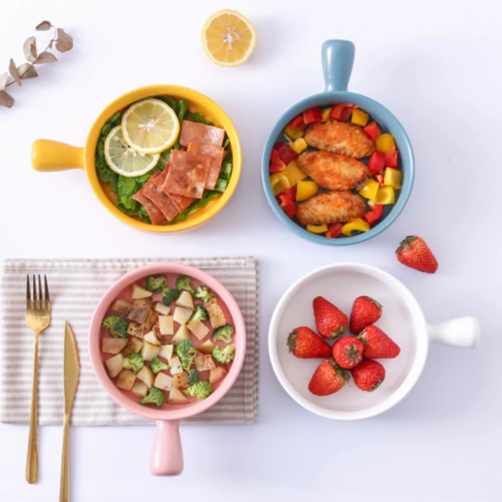 

Ceramic Salad Bowl With Handle Breakfast Cereal Fruit Bowl Solid Color Dessert Soup Noodle Bowl kitchen Household Tableware